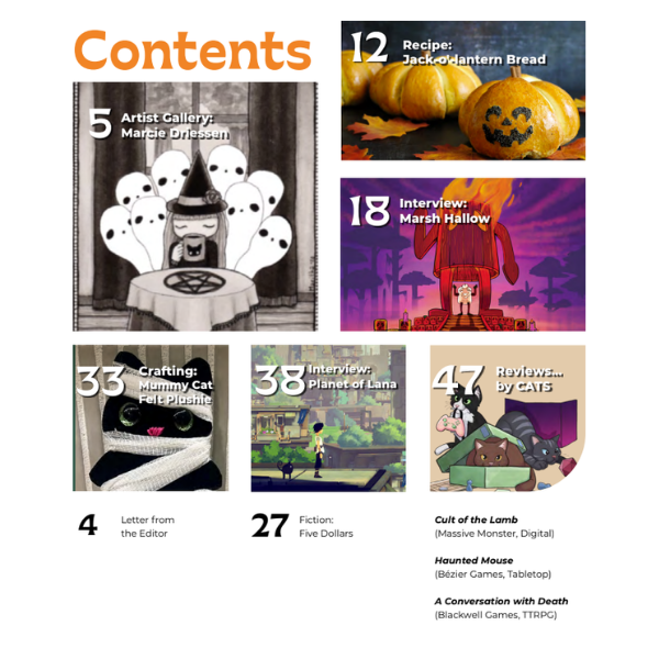 a screenshot of the table of contents of this month's cozy companion