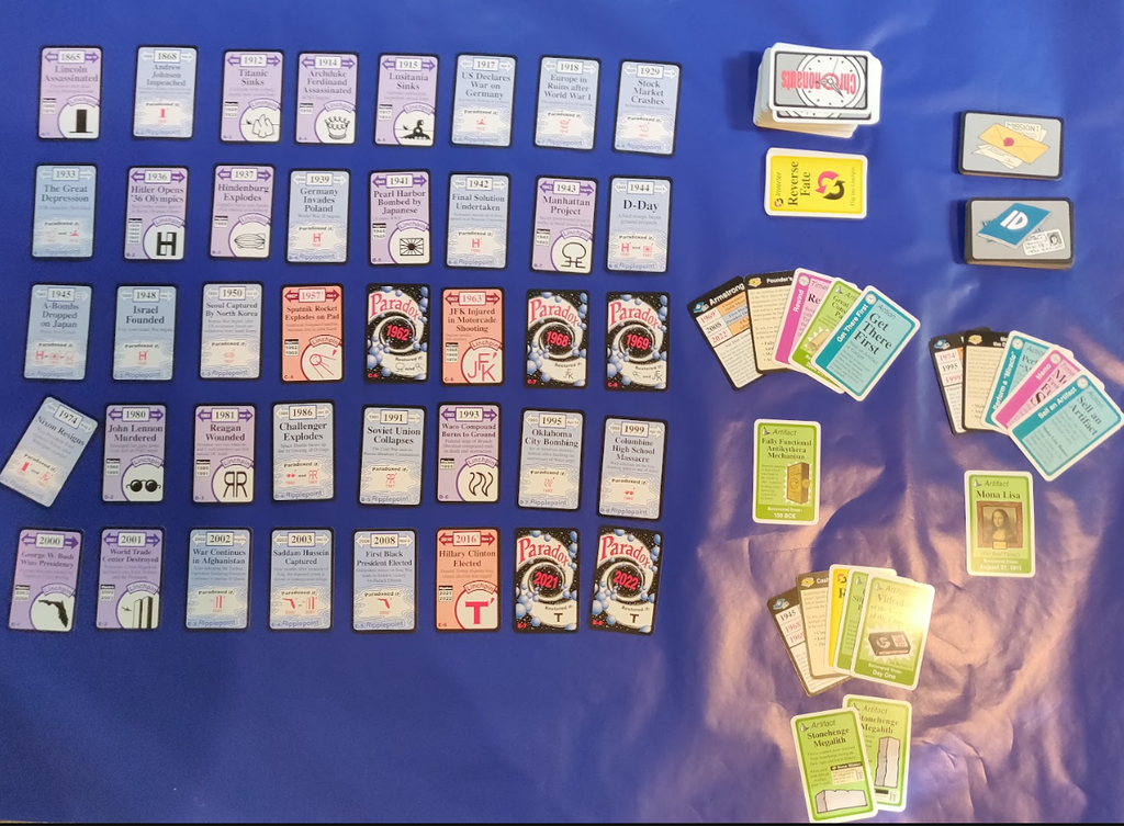 a photo of the full final "board" for my example game, displaying the final timeline and the hands of all of the players.